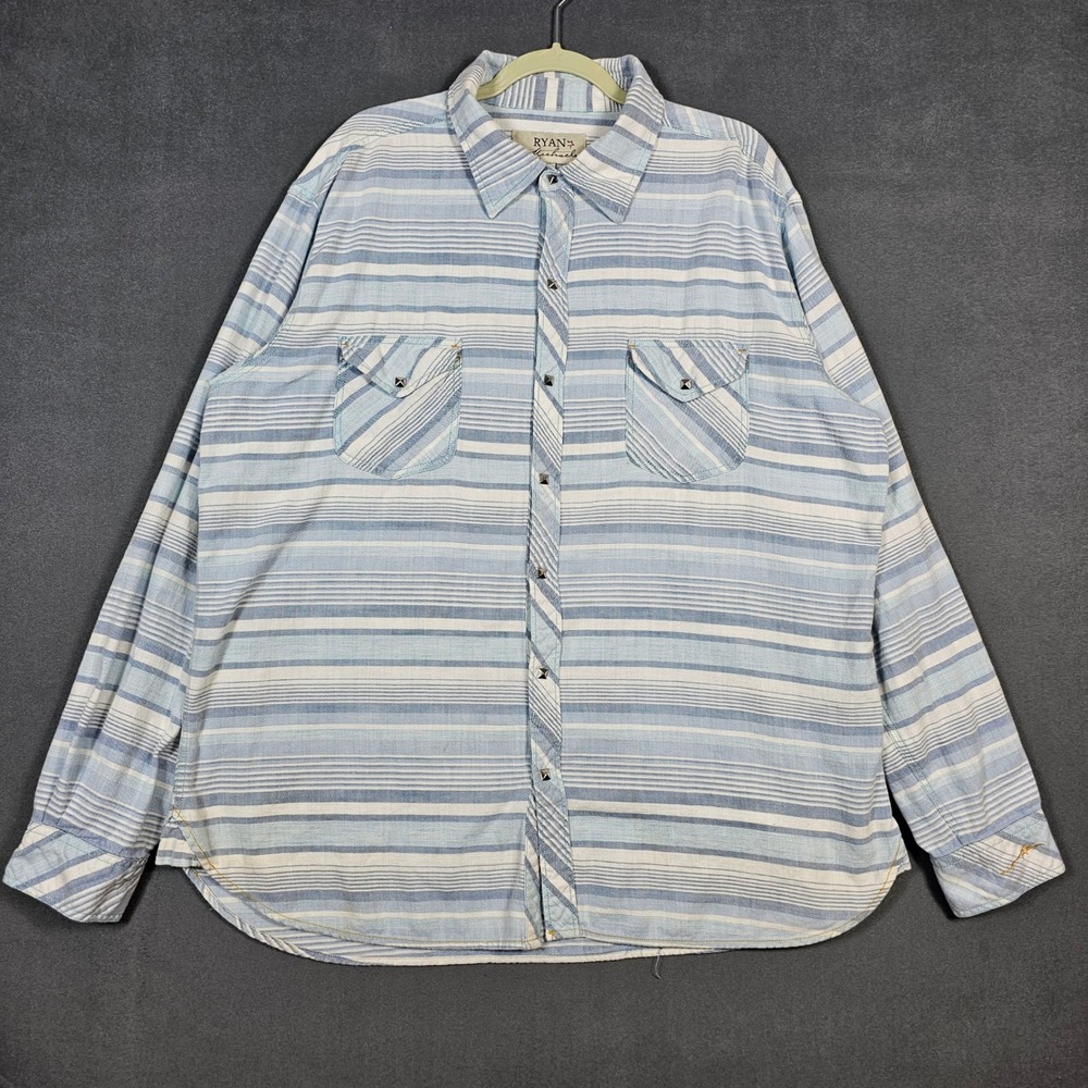Ryan Michael Western Shirt Mens XXL Blue Striped Long Sleeve Pearl Snap